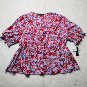 NWT Zac & Rachel Womens Halogen Blue Red Floral Blouse Peplum Pullover Top XL